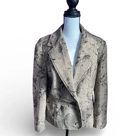 Coldwater Creek Blazer Jacket Petite 12 P12 Taupe Herringbone Floral Print Lined - Picture 1 of 9
